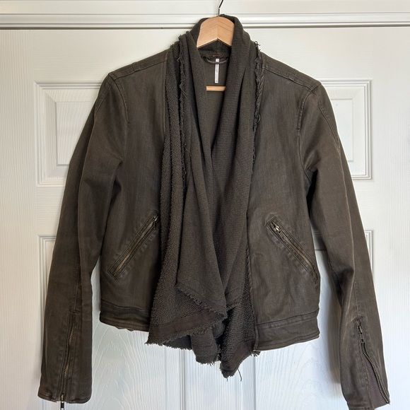 Free People Drape Front Coated Denim Moto Jacket | Olive/Green | Size 10 - Picture 5 of 14
